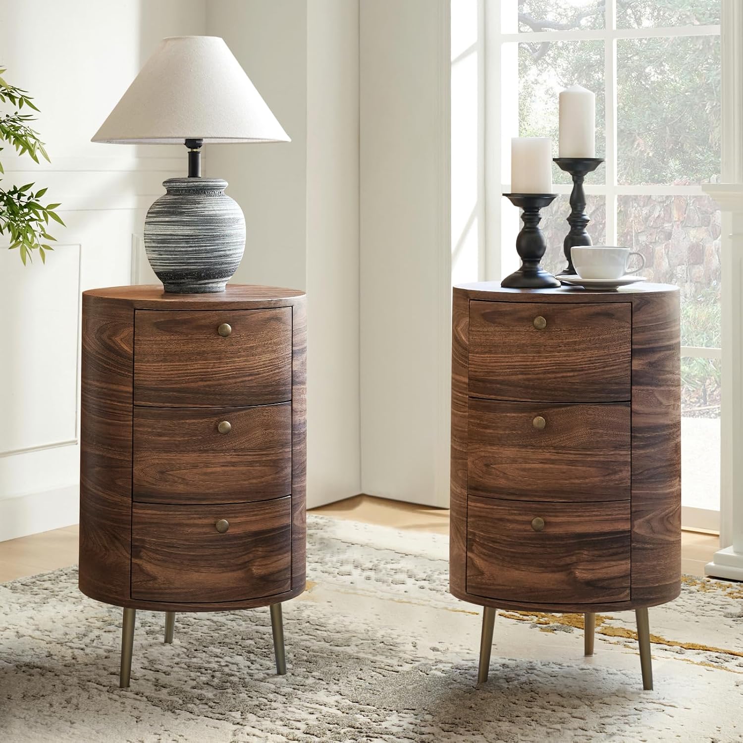 Mid Century Modern Round End Table with 3 Drawers, Small Wood Side Table with Flared Metal Legs and Vintage Knobs, Versatile Accent Beside Table for Living Room, Walnut