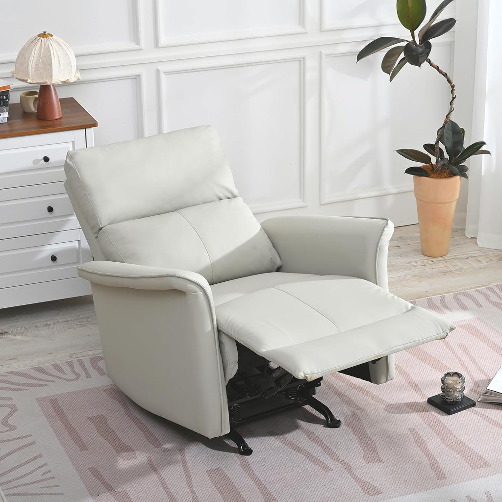 Chair, Rocking, PU Leather Nursery Glider, Manual Rocker Chair for Adults, 150 Degree Recline, Wide Armrests, Living Room Bedroom Home Theater, Light Gray