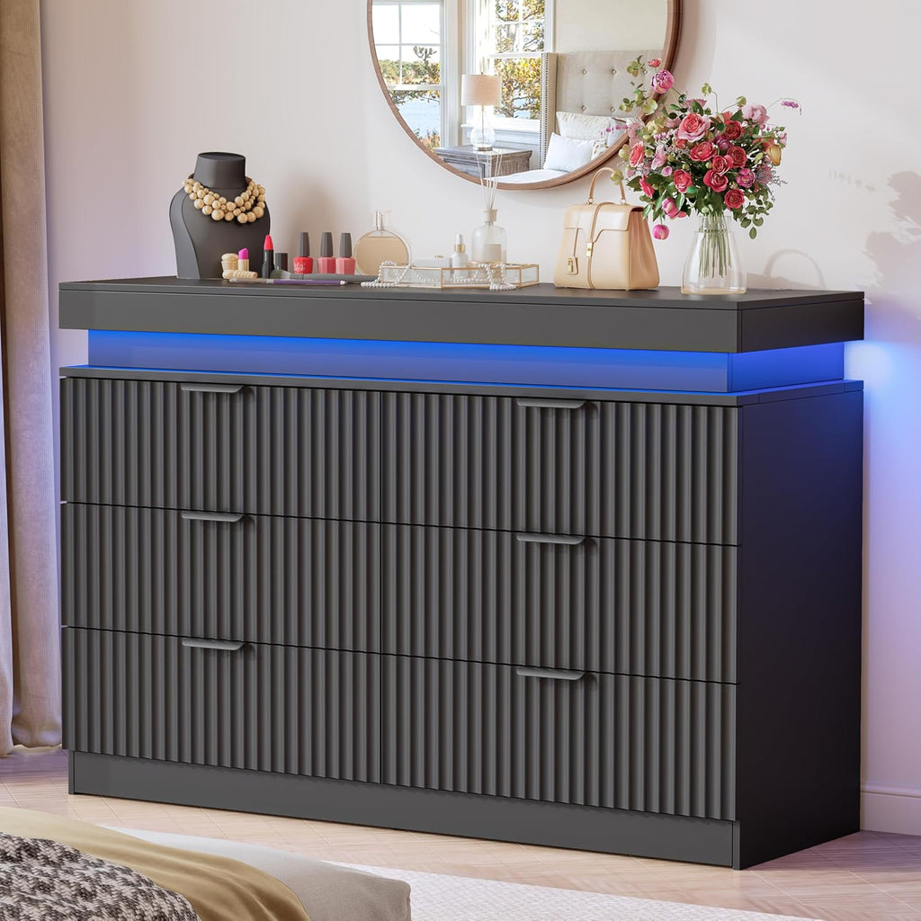 Dresser for Bedroom with RGB LED Lights and Charging Station, 6 Drawers Wooden Chest of Drawers, 47.2" Wide Fluted TV Stand, Closet Clothes Storage Organizer for Living Room, Hallway, Black