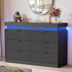 Dresser for Bedroom with RGB LED Lights and Charging Station, 6 Drawers Wooden Chest of Drawers, 47.2" Wide Fluted TV Stand, Closet Clothes Storage Organizer for Living Room, Hallway, Black