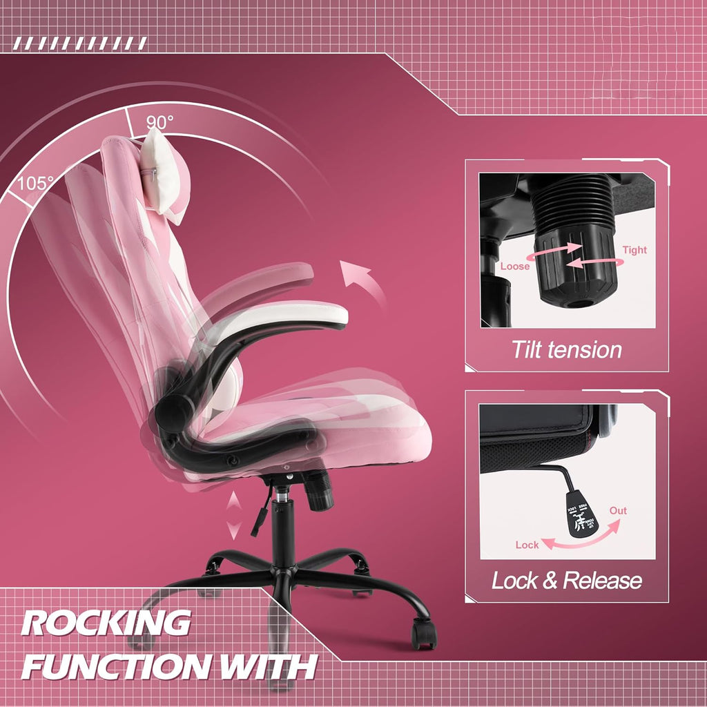 Ergonomic Computer Gaming Desk Chair, PU Leather with Adjustable Lumbar Support and Headrest, Flip-Up Armrests Swivel Wheels & Reclining Chair for Adults and Teens (Pink)