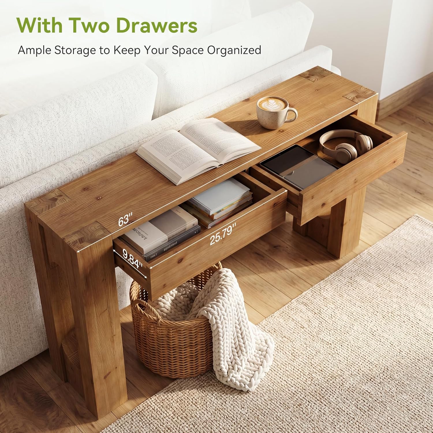 LITTLE TREE 63" Solid Wood Console Table, Farmhouse Entryway Table with 2 Drawers and U-Shaped Legs, Long Sofa Table Behind Couch for Entrance, Hallway, Living Room, Foyer