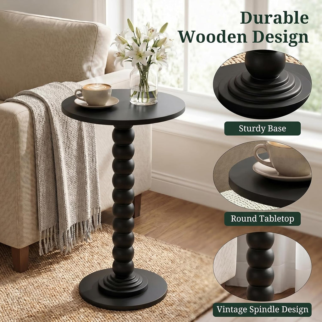 Round Side Table for Small Spaces, Modern Pedestal End Table with Solid Wood Spindle Leg, Small Drink Table Accent Nightstand for Living Room, Bedroom, Sofa Side, Apartment & Office, Black