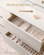 Lolalet Jewelry Drawer Organizer Inserts, Stackable Velvet Tray Jewelry Storage Organizers Set Display Cases for Necklaces Bracelets Earrings Rings Chains Bangles Watches, Beige, Set of 4