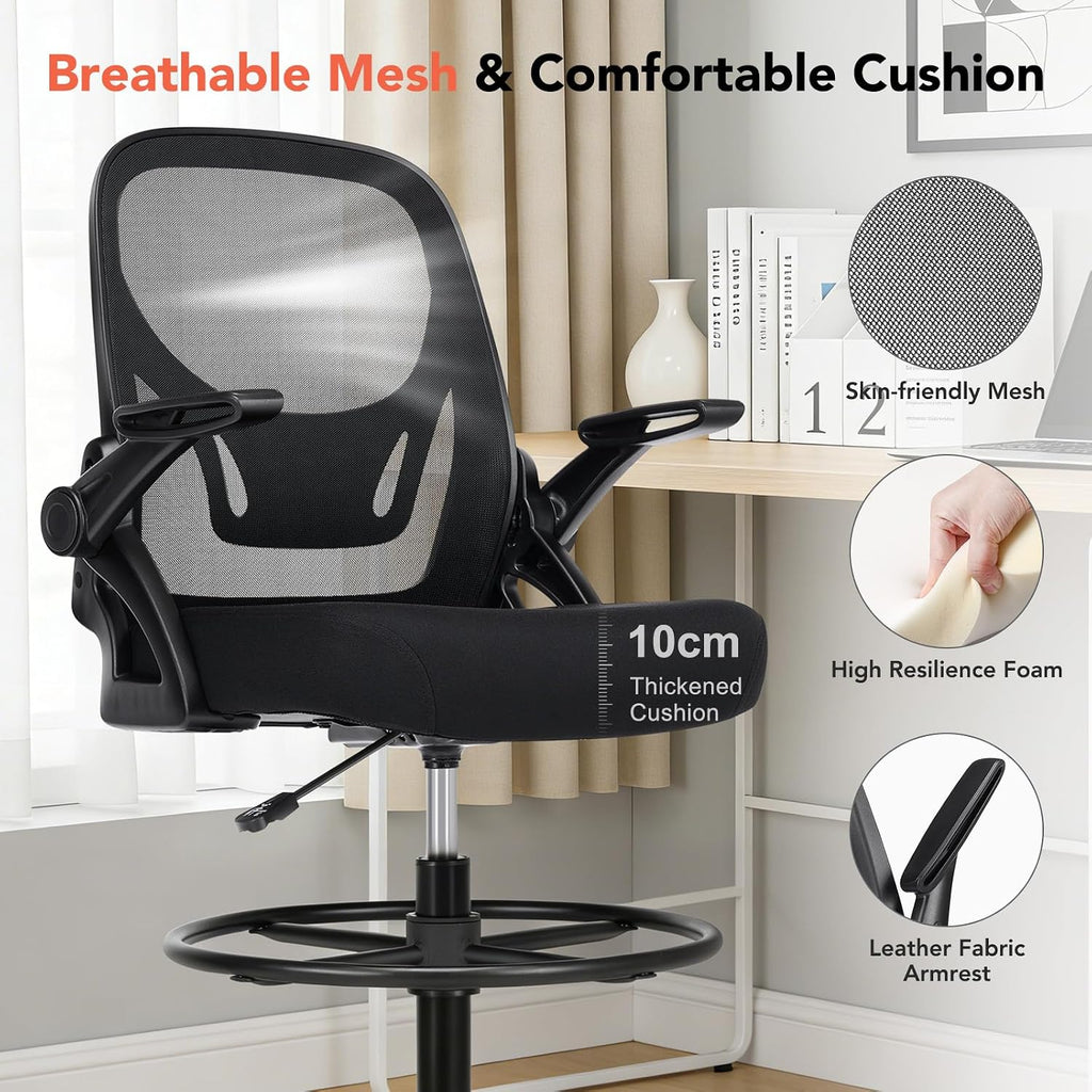 Drafting Chair, Tall Office Chair with Adjustable Footrest Ring, Standing Desk Chair with Flip-Up Armrests, Breathable Mesh High Desk Chair for Counter Height Desk, Black
