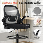 Drafting Chair, Tall Office Chair with Adjustable Footrest Ring, Standing Desk Chair with Flip-Up Armrests, Breathable Mesh High Desk Chair for Counter Height Desk, Black