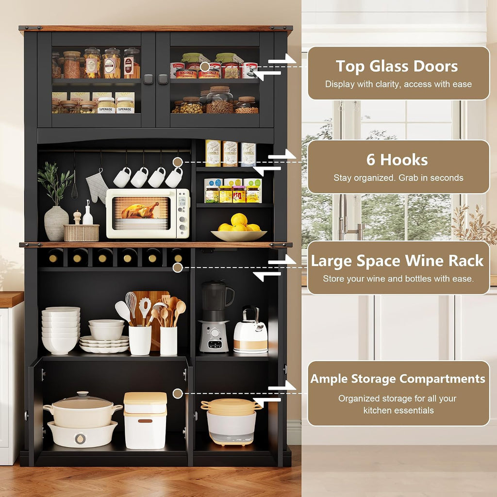 Einhomn 71" Tall Kitchen Pantry Cabinet with Charge Station, 3 Adjustable Shelves, Wine Rack and Glass Door, Kitchen Hutch for Dining Room, Kitchen and Living Room, Black