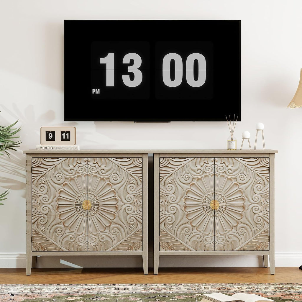 Carved Buffet Cabinet with Floral Pattern & Gold Handle, 31.5" W Distressed Sideboard with 2 Doors & Solid Wood Leg, American Style Accent Cabinet for Living Room, Kitchen, Vintage Color, 1 PC