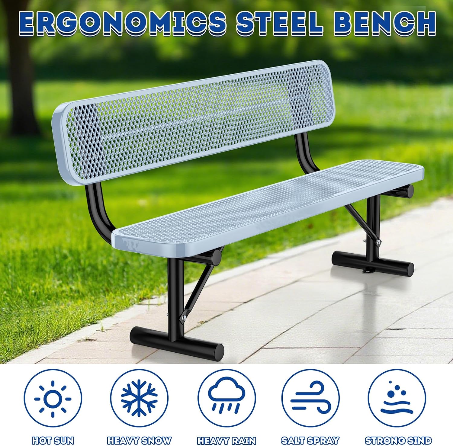 Heavy Duty Park Bench for Outside, Metal Park Bench with Back Portable Frame, Outdoor Steel Mesh Garden Bench with Backrest for Garden, Lawn, Patio, Porch, Park, Yard (Grey, 6FT/73INCH)