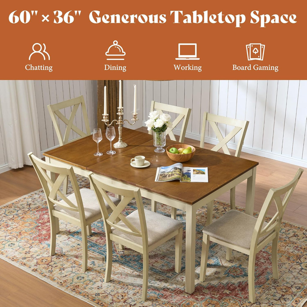 AMERLIFE 7-Piece Farmhouse Dining Table Set for 6, 60" Solid Wood Kitchen Table with 6 Upholstered Chairs, Space-Saving Rustic Dining Set for Dining Room, Kitchen, Small Apartment, Rustic Cream
