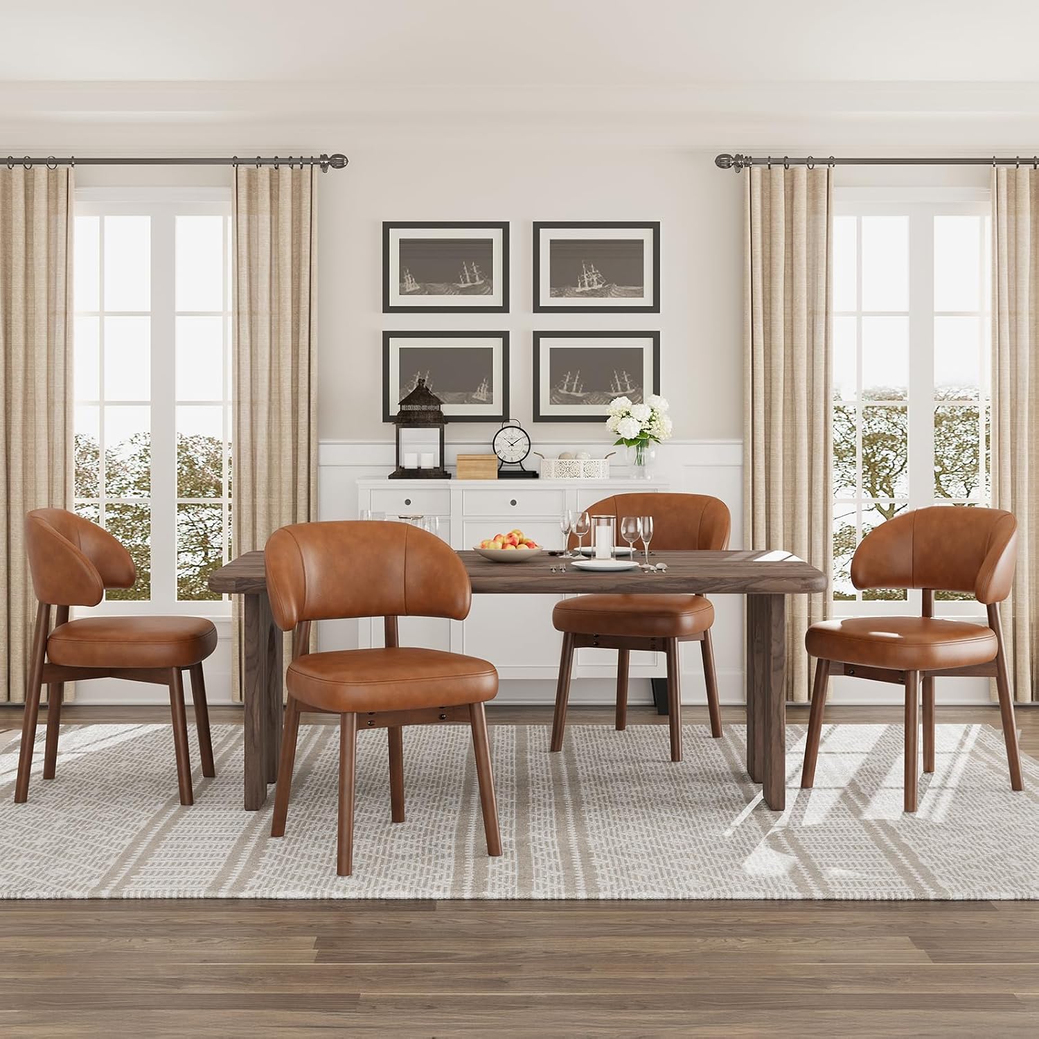 MALOL Wooden Dining Chairs Set of 4, Modern Upholstered Dining Room Chair, PU Leather Kitchen Side Chairs with Curved Open Back for Living Room/Restaurant/Cafe, Brown
