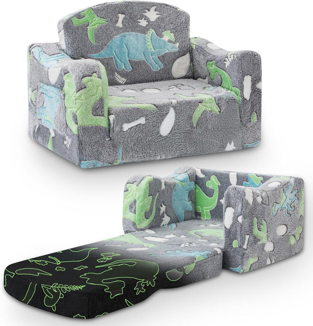 aodisman Thick Comfy Kids Chair and Couch, 2-in-1 Soft Foldable Plush Kids Sofa, Foam Seating for Reading and Play, Removable Washable Cover, Gray Dinosaur