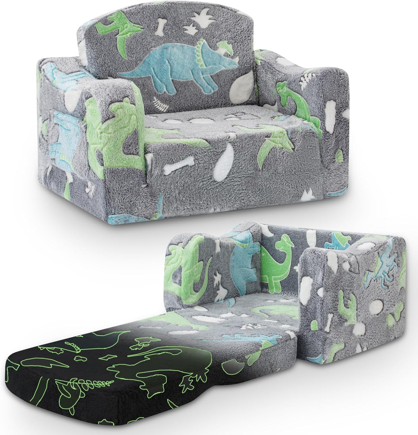 aodisman Thick Comfy Kids Chair and Couch, 2-in-1 Soft Foldable Plush Kids Sofa, Foam Seating for Reading and Play, Removable Washable Cover, Gray Dinosaur