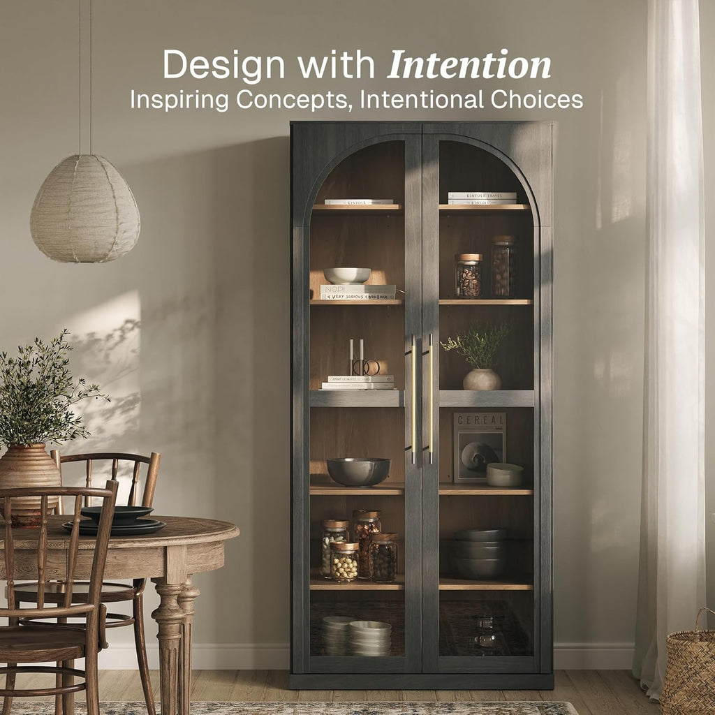 BELLEZE 67" Tall Glass Display Cabinet, Modern Wood Curio Cabinet Bookcase with Adjustable Storage Shelves, 6-Tier Trophy Showcase Display for Living Room - Ebony