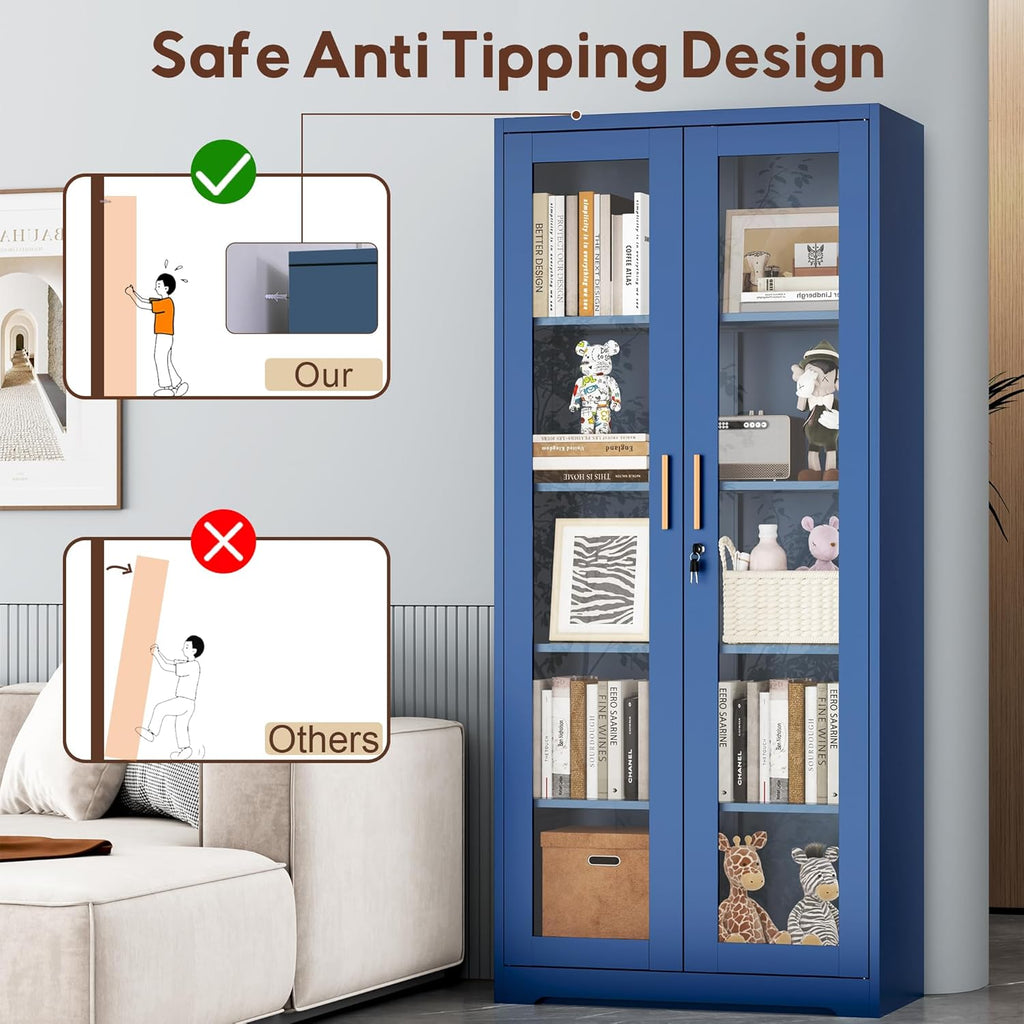 UNICOLY Lockable Display Cabinet with Glass Doors, Curio Cabinets with 4 Adjustable Shelves, Liquor Bookcase Bookshelf with Doors, Metal Storage Cabinet for Living Room Pantry, Blue