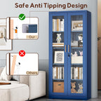 UNICOLY Lockable Display Cabinet with Glass Doors, Curio Cabinets with 4 Adjustable Shelves, Liquor Bookcase Bookshelf with Doors, Metal Storage Cabinet for Living Room Pantry, Blue