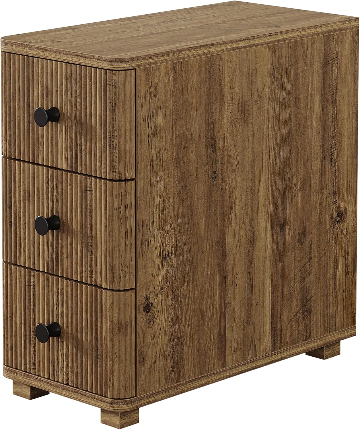 Tribesigns End Table with 3 Drawers, Farmhouse Fluted Narrow Side Table, Wood Slim Sofa Side Table for Small Spaces, Rustic Nightstand with Storage for Living Room Bedroom