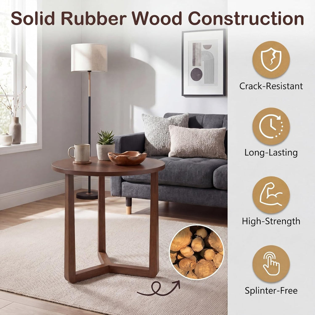 Tangkula Farmhouse Side Table, 22.5” Round End Table with Solid Rubber Wood Legs, Compact Nightstand Bedside Table for Small Spaces, Accent Table for Living Room Bedroom (Walnut,1)