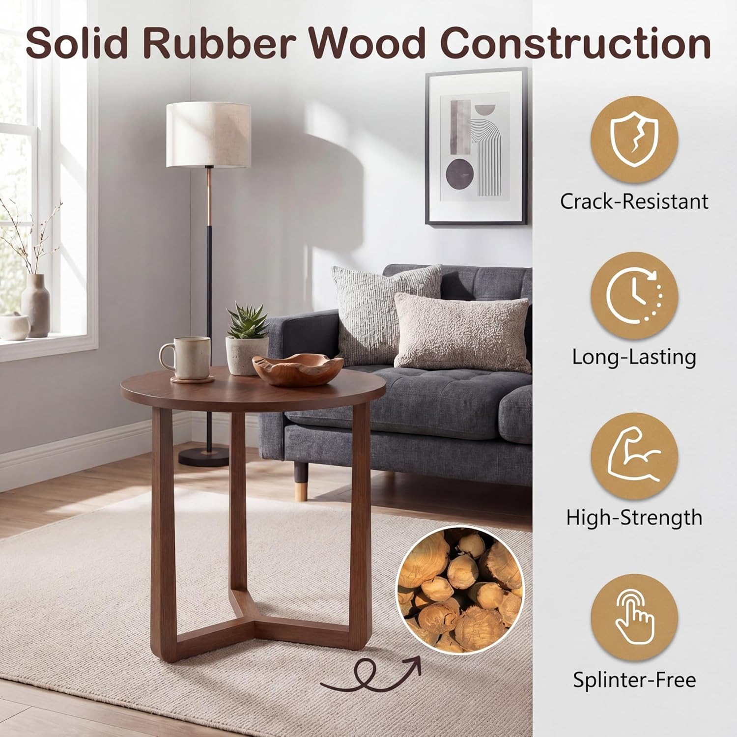 Tangkula Farmhouse Side Table, 22.5” Round End Table with Solid Rubber Wood Legs, Compact Nightstand Bedside Table for Small Spaces, Accent Table for Living Room Bedroom (Walnut,1)