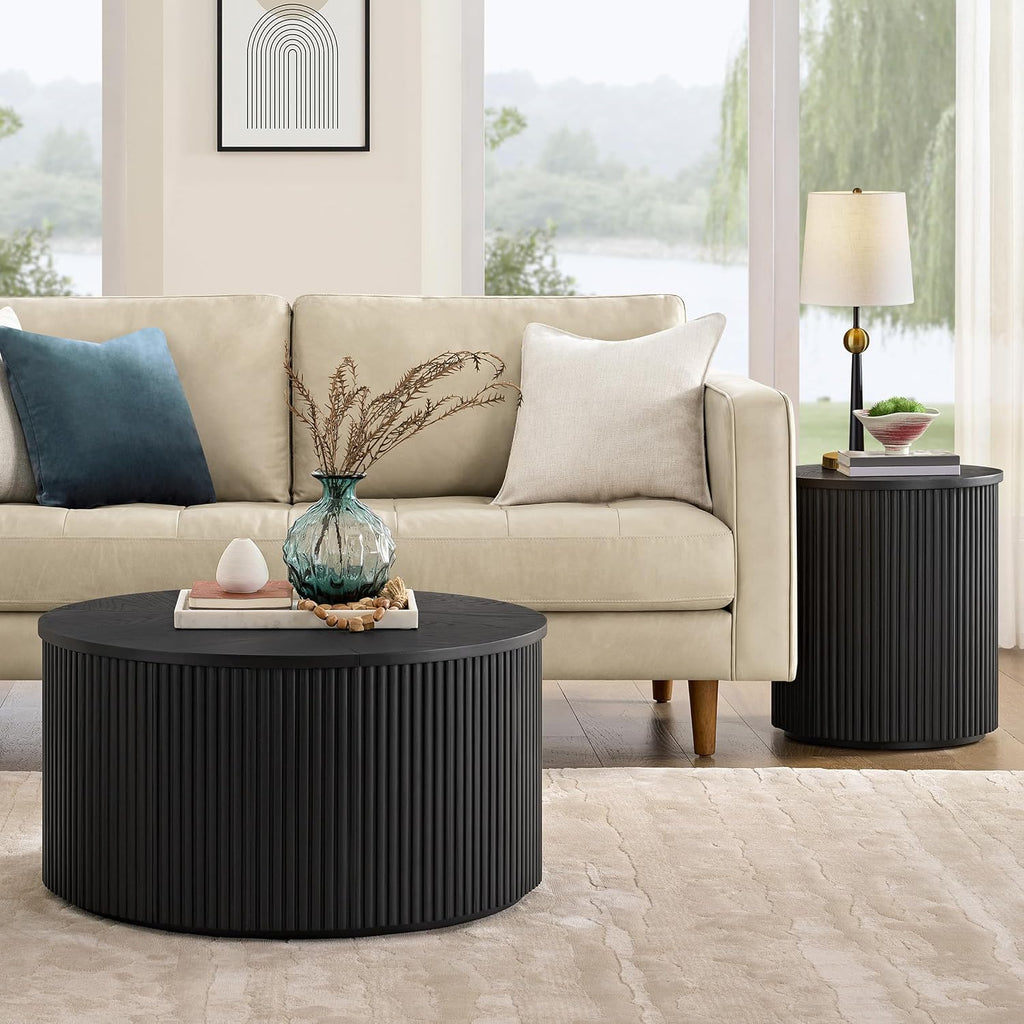 Alaterre Furniture Amos Round End Table - 20 Inch Solid Wood Fluted Nightstand with Natural Woodgrain Finish - Mid Century Modern Small Side Table for Living Room or Bedroom Furniture (Black)