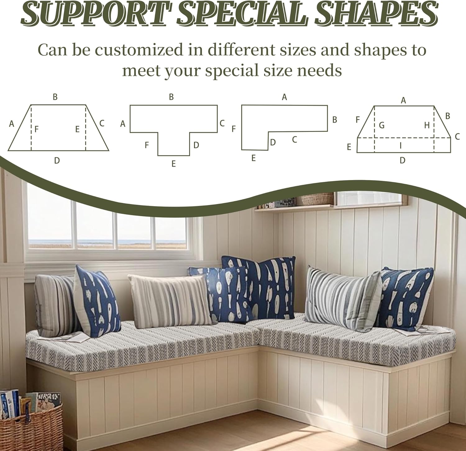 Custom Size Bench Cushion, Custom Bench Cushions for Indoor Furniture, 75D Foam Furniture Window Seat Cushion, Breakfast Nook, Mudroom, Banquette Bench Cushion, Non-Slip Bottom, Pipe Design