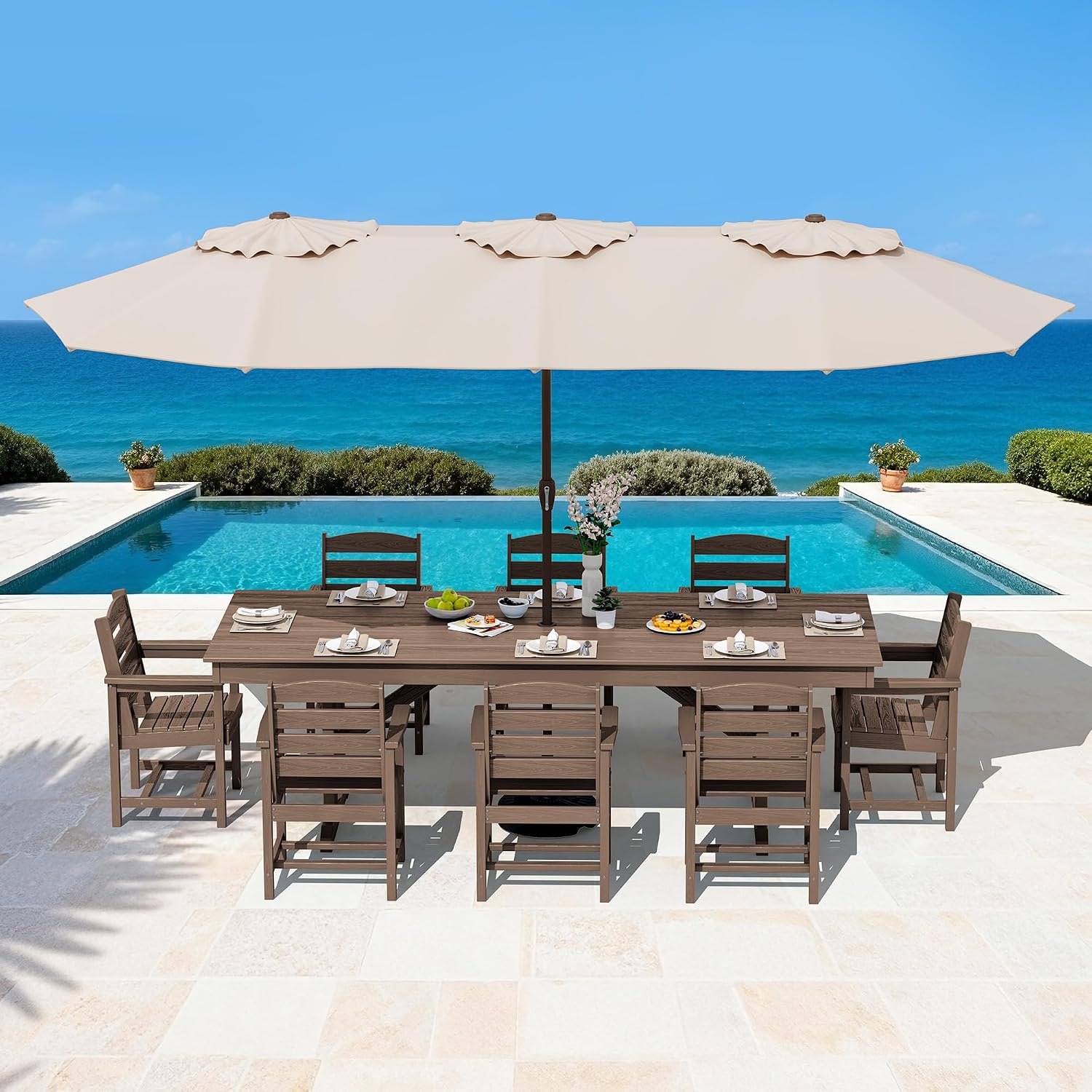 SERWALL Outdoor 84" HDPE Dining Table with Umbrella Hole for 6-8, Brown | 9-piece HDPE 84" dining table, Ideal for Outdoor Gathering