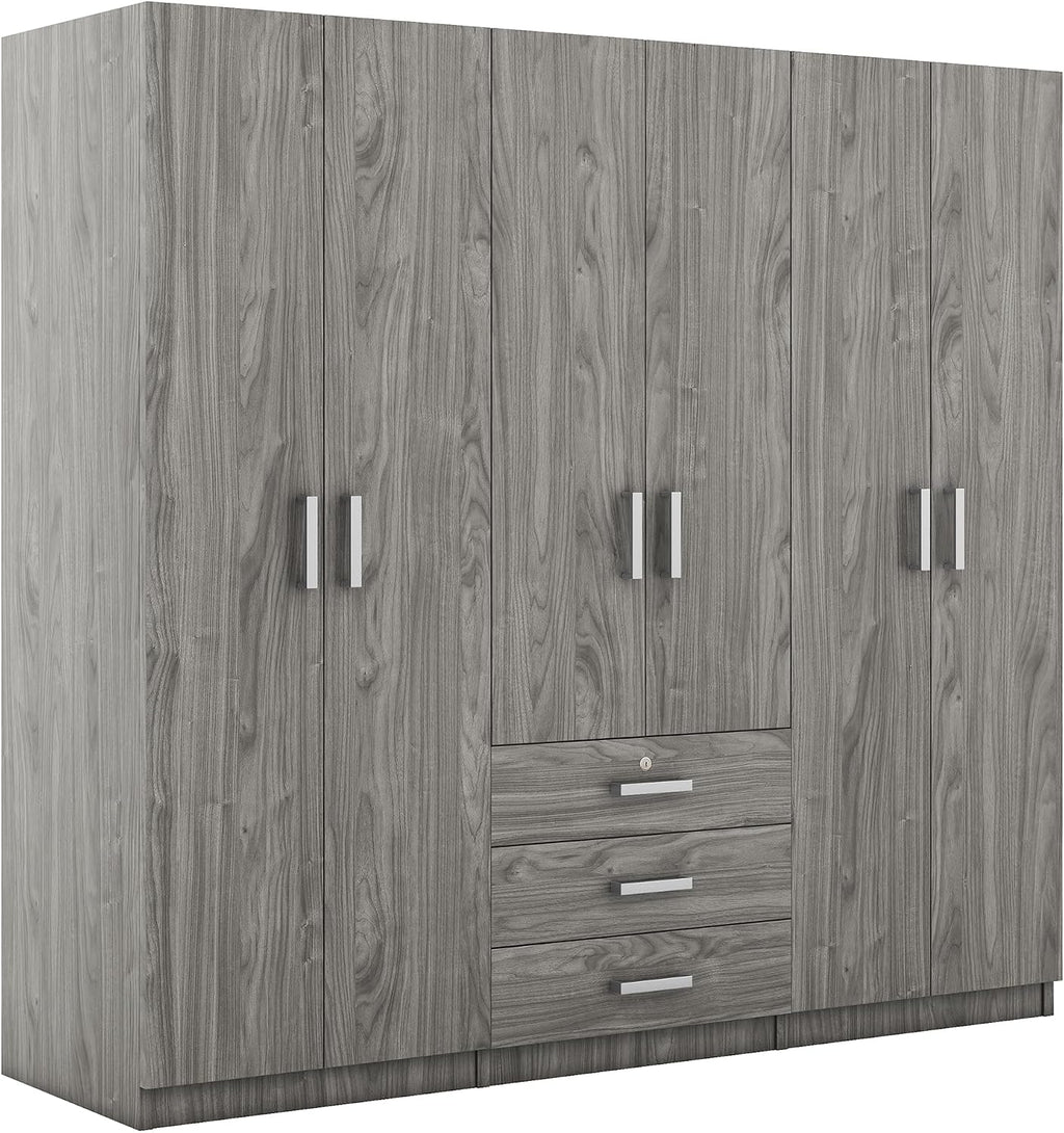 6-Door Wooden Wardrobe, Maximize Bedroom Storage with a Modern, Clean Design and Big Drawers (Gray)
