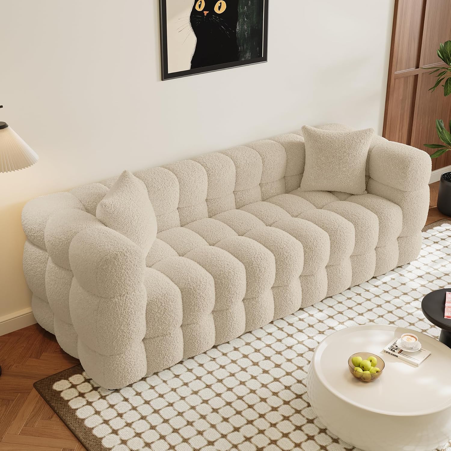 Wrofly Boucle Sofa Couch, 74.8" Comfy Upholstered Sherpa Sofa, Tufted Cozy 3-Seater Deep Seat Cloud Couch, Modern Oversized Loveseat with 2 Pillows for Living Room Apartment Office, Light Brown