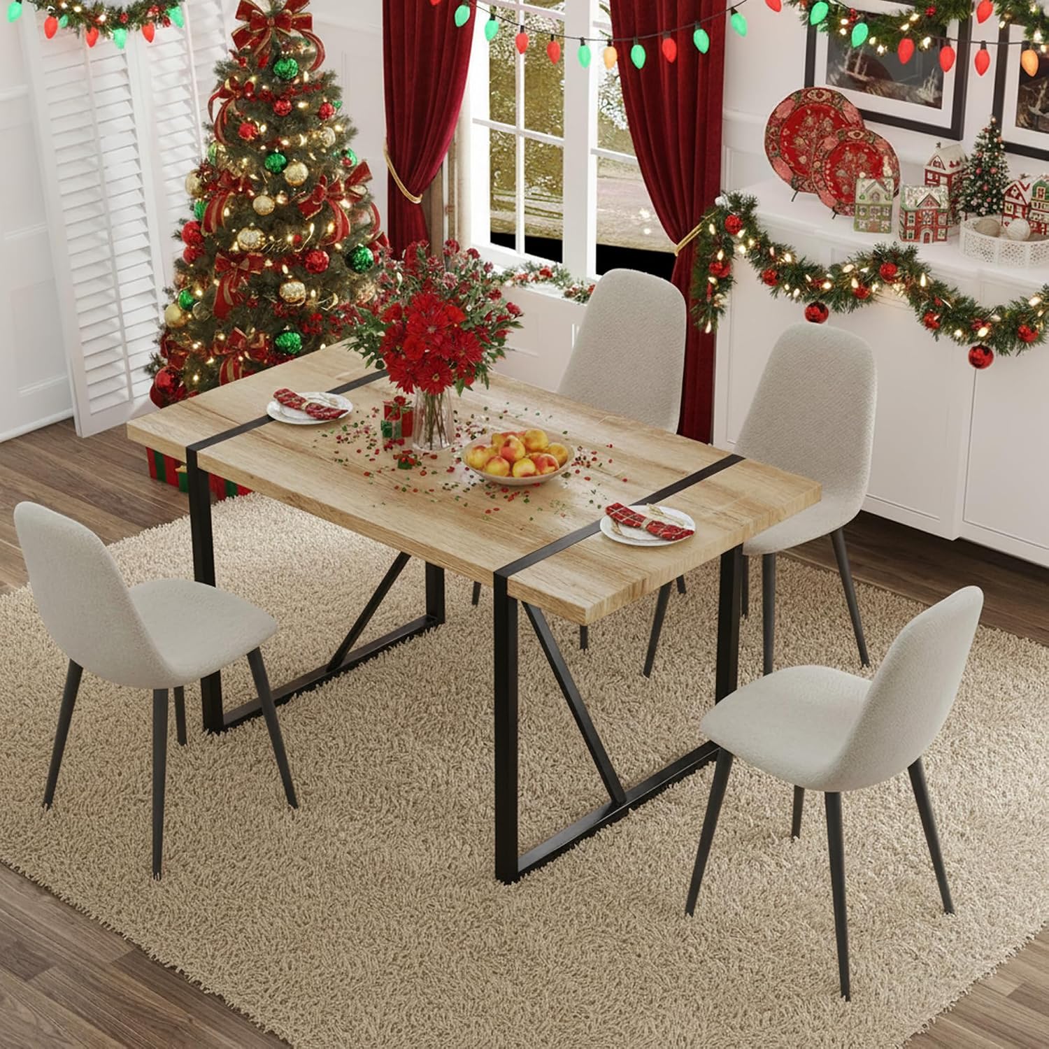 Dining Table Set for 4, Modern Table and Chairs Set of 4, 5 Piece Dining Table Set Include Wooden Rectangle Kitchen Table and 4 Fabric Chairs Ideal for Kitchen Dining Room Easy to Assemble