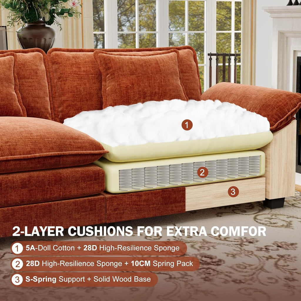 CDCASA 120" Oversized Modular Sectional Sofa, Comfy U-Shaped Cloud Couch w/ 2 Movable Ottoman, 5-Seater Chenille Deep Seat Modern Sofa Couch for Living Room, DIY Combination, Terracotta Orange