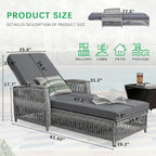 SoarFlash Wicker Chaise Lounge Set of 2, Outdoor Patio Lounge Chair with Adjustable Backrest, Side Shelf and Cushions for Poolside, Garden, Yard, Grey