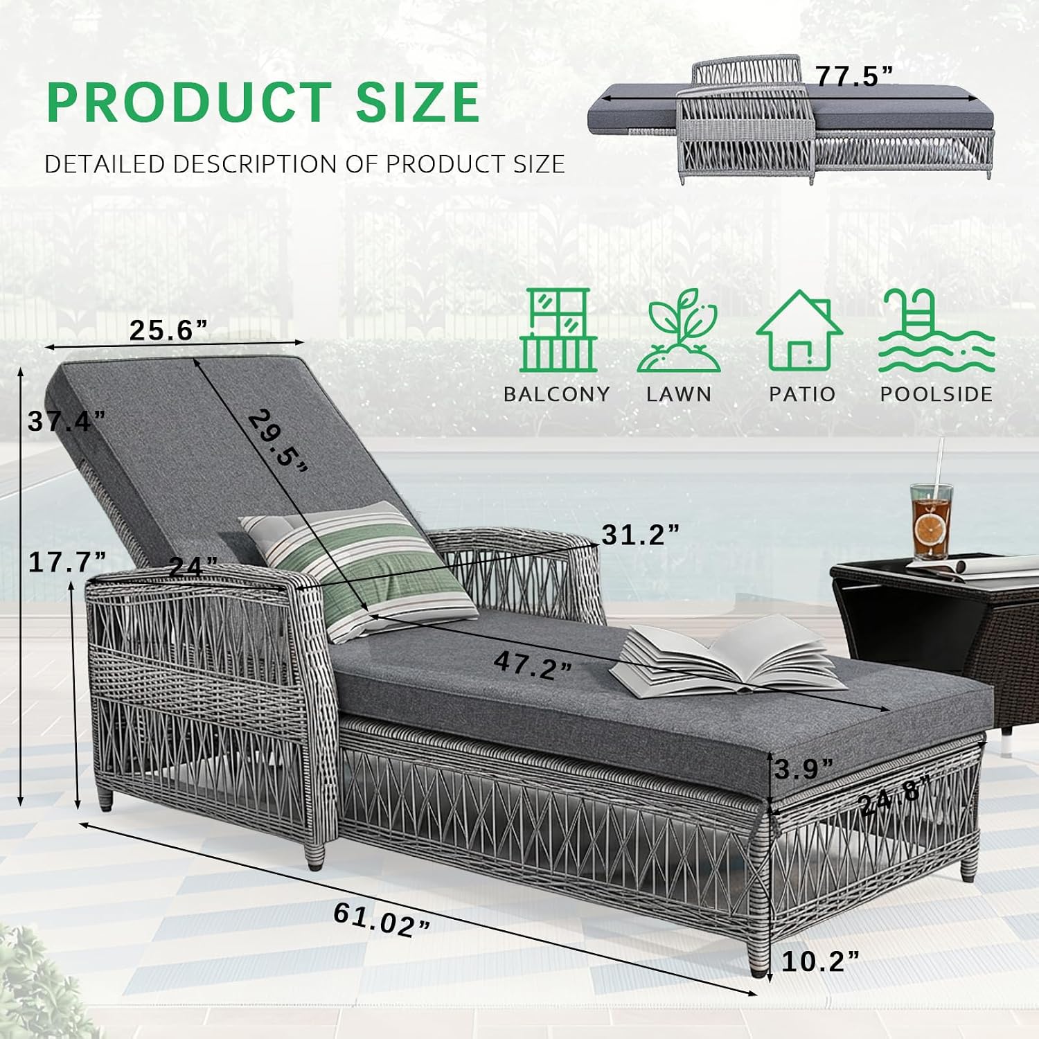 SoarFlash Wicker Chaise Lounge Set of 2, Outdoor Patio Lounge Chair with Adjustable Backrest, Side Shelf and Cushions for Poolside, Garden, Yard, Grey