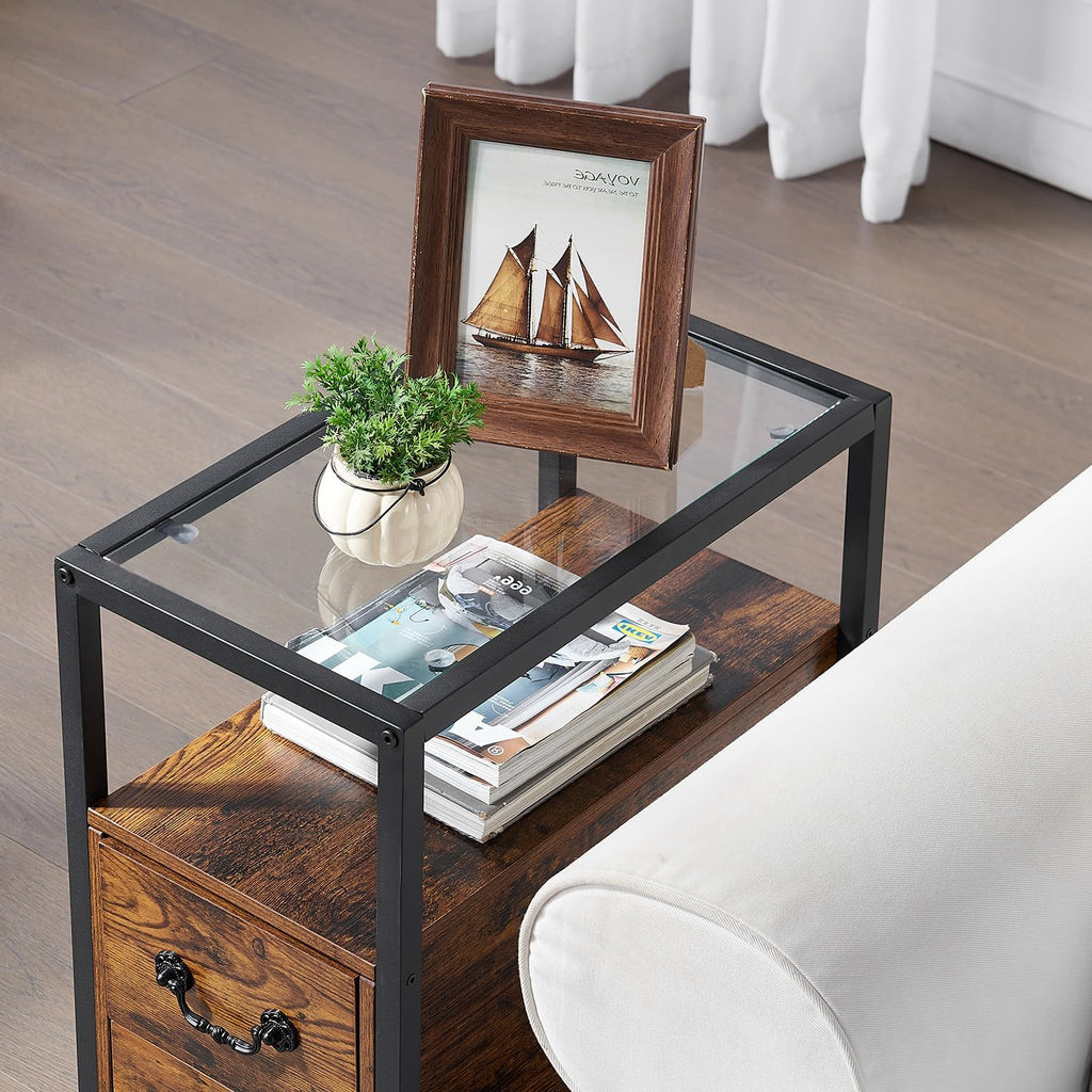 VECELO Narrow Side Table Set of 2, Night Stand Sofa Table with Glass Top,Bedside End Tables with Storage Drawers,Wood Nightstand for Small Spaces Living Room Bedroom,Brown