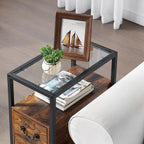 VECELO Narrow Side Table Set of 2, Night Stand Sofa Table with Glass Top,Bedside End Tables with Storage Drawers,Wood Nightstand for Small Spaces Living Room Bedroom,Brown