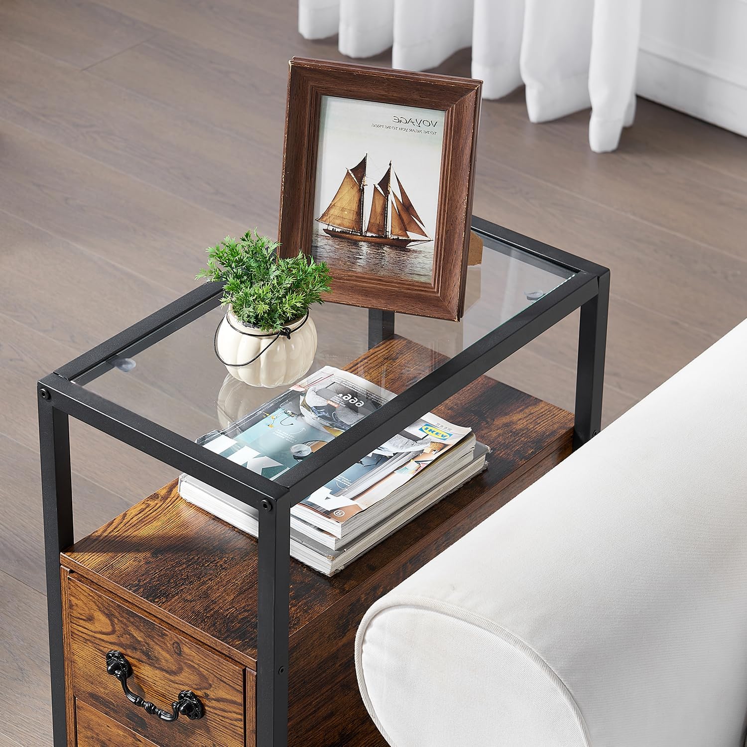VECELO Narrow Side Table Set of 2, Night Stand Sofa Table with Glass Top,Bedside End Tables with Storage Drawers,Wood Nightstand for Small Spaces Living Room Bedroom,Brown