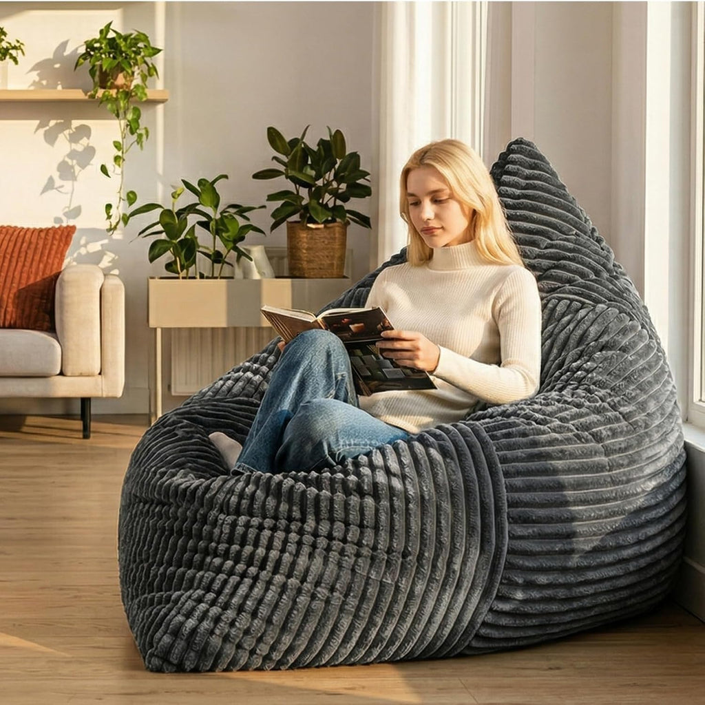 3 in 1 Giant Bean Bag Chair for Adults & Kids, Convertible Bean Bag Bed, Couch & Floor Cushion, Comfy Reading Lounge Sofa, Soft Corduroy Washable Cover for Bedroom, Living Room & Dorm, DarkGrey