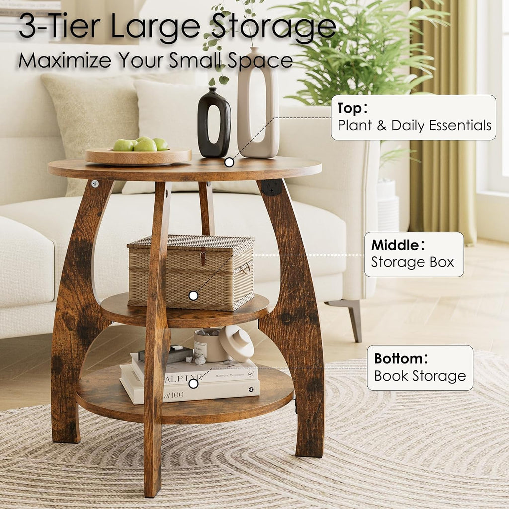 Masupu Round Side Table, 3-Tier Wood End Table, 19.7 inch Accent Table, Mid Century Modern Nightstand for Small Spaces, Living Room, Bedroom, Easy Assembly(Rustic Brown)