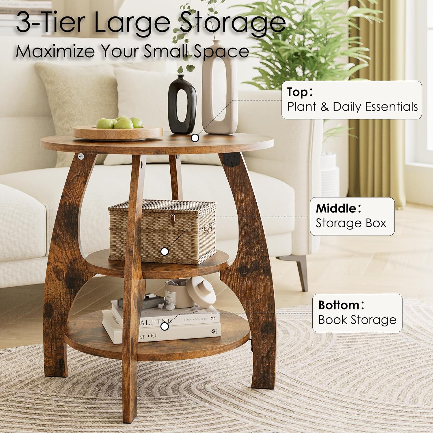 Masupu Round Side Table, 3-Tier Wood End Table, 19.7 inch Accent Table, Mid Century Modern Nightstand for Small Spaces, Living Room, Bedroom, Easy Assembly(Rustic Brown)
