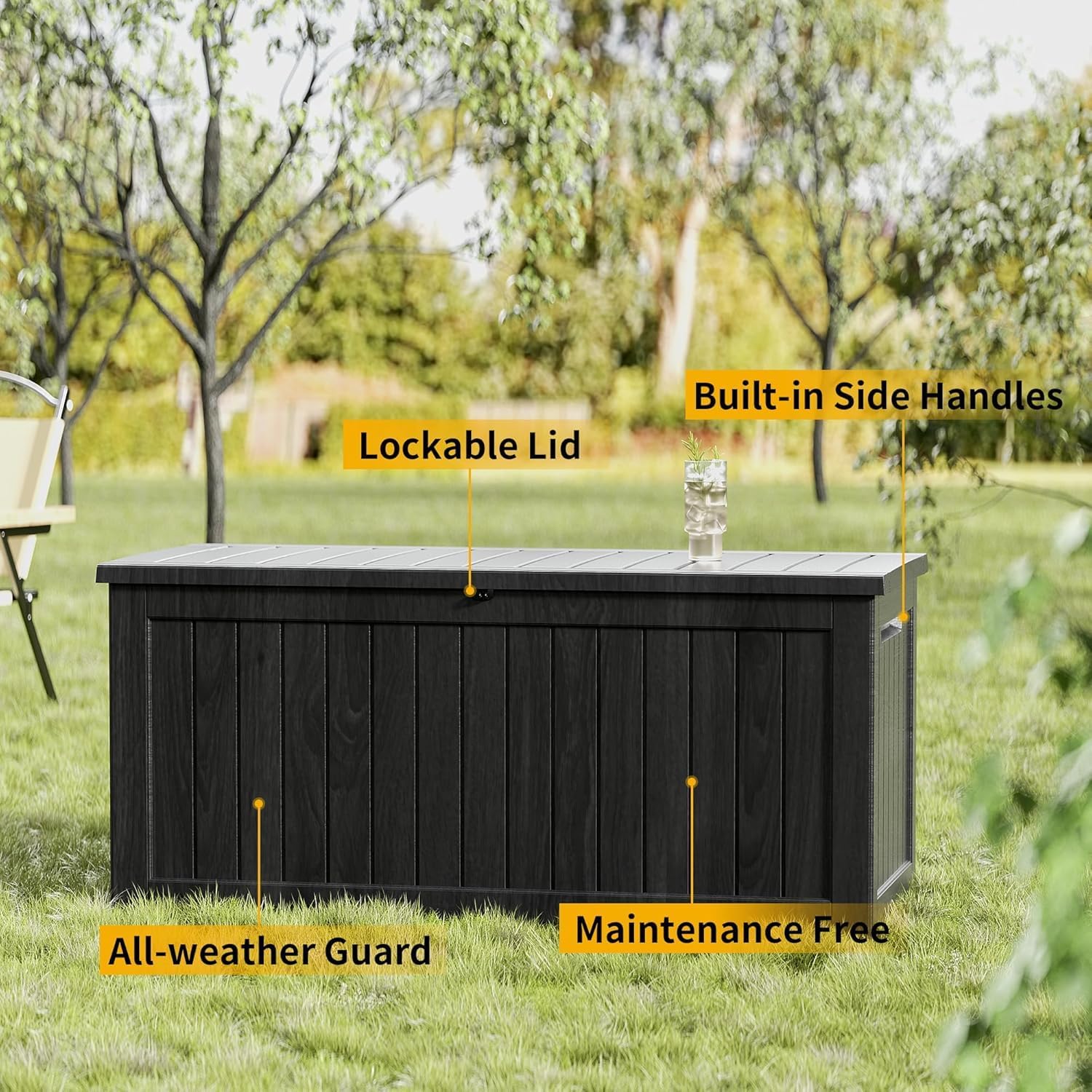 150 Gallon Deck Box Organizer, Doubles as 2-Person Bench Seat, Black Large Resin Outdoor Storage and Seating with Lockable Lid for Garden, Pool, and Patio