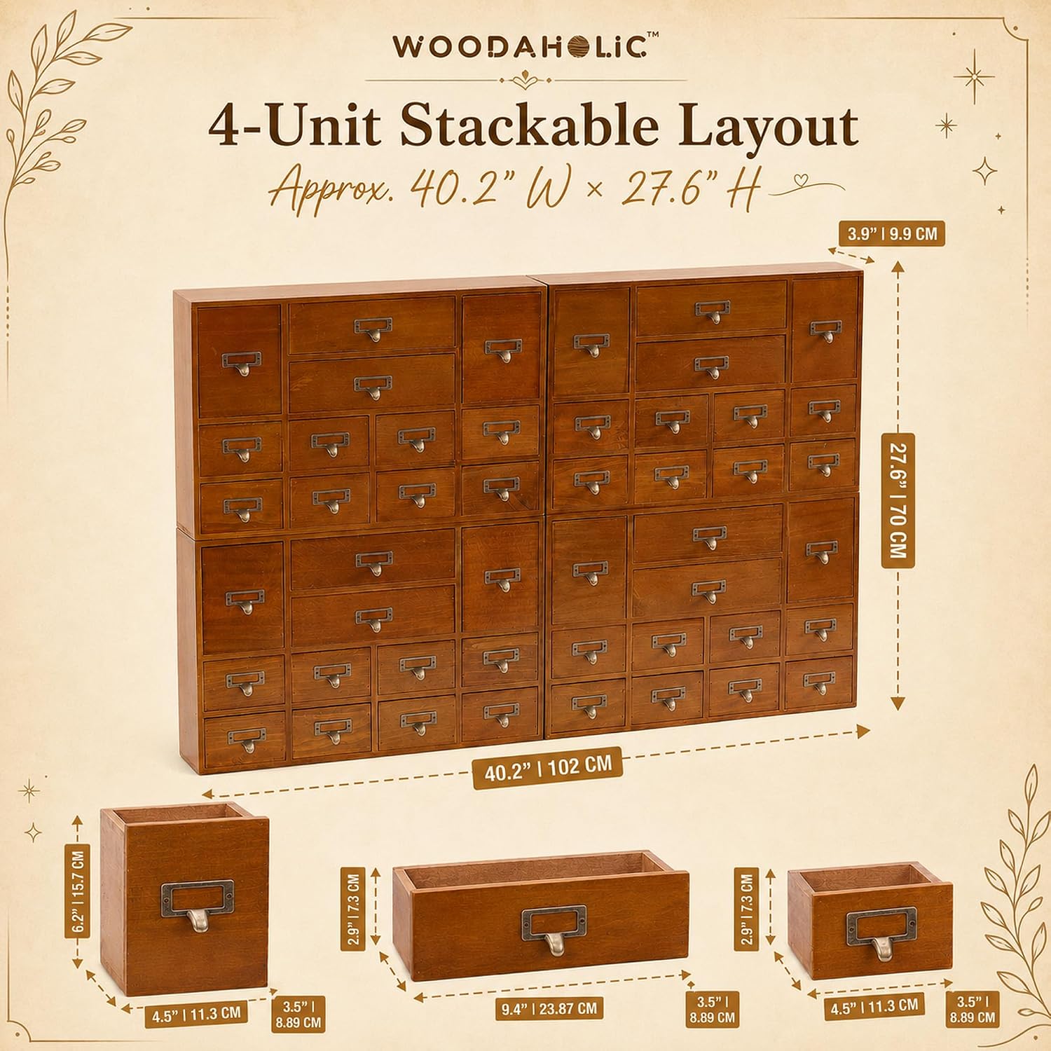 Modular Apothecary Cabinet with 48 Drawers I Stackable Library Card Catalog Organizer, Solid Wood Desktop Storage with Metal Label Holders for Makeup, Crafts, Oils, Tea & Office Supplies