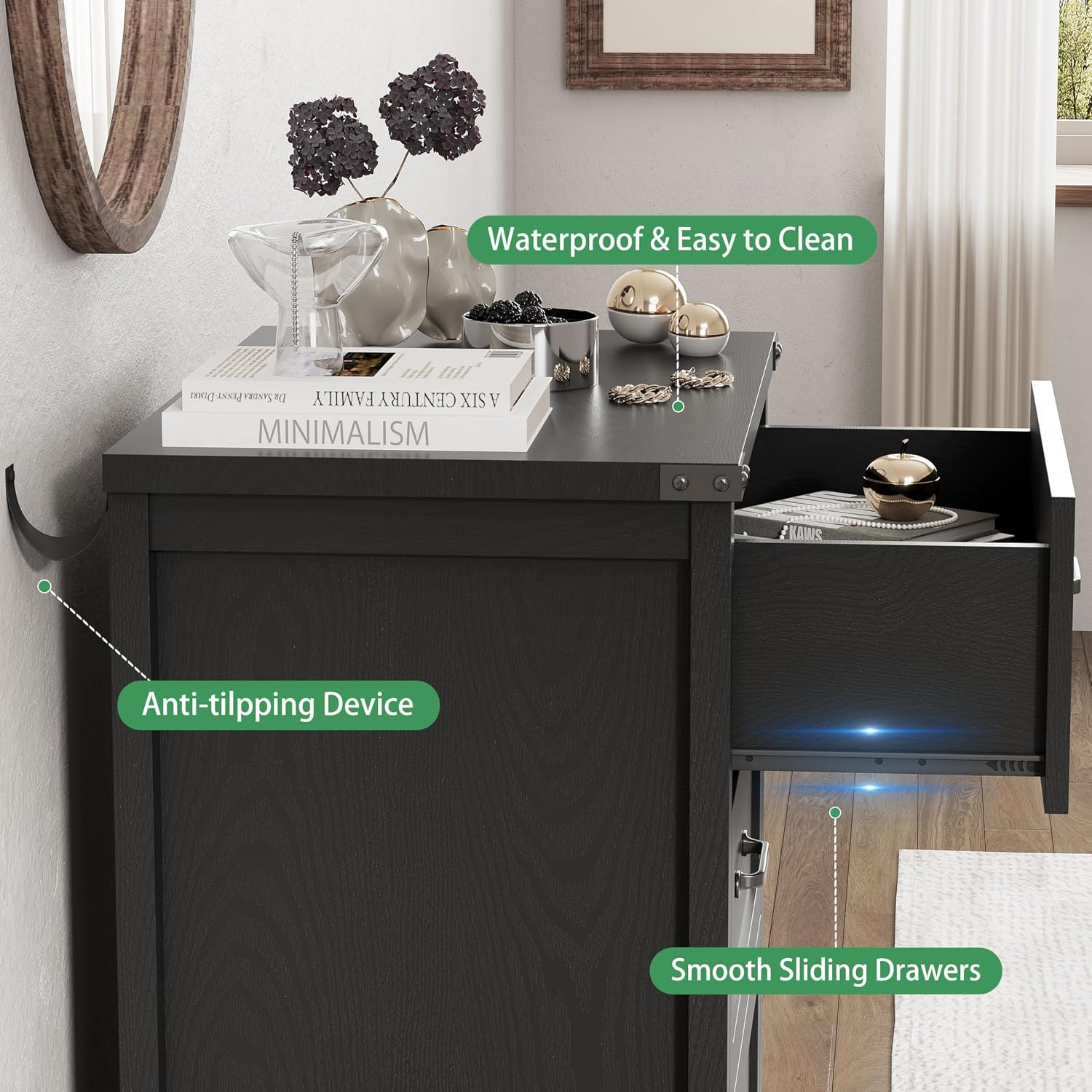 Nightstand with 3 Drawers, 24" Wide Farmhouse Bedside End Table, Rustic Wood Side Table Night Stand with Mental Handle, Tall Modern Small Dresser Chest of Drawers for Bedroom, Living Room, Dorm, Black
