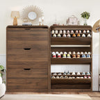 TEENFON Shoe Cabinet with 3 Flip Drawers & Adjustable Shelves, Narrow Freestanding Shoe Storage Cabinet for 18-27 Pairs, Hidden Slim Shoe Rack Cabinet for Entryway, Walnut