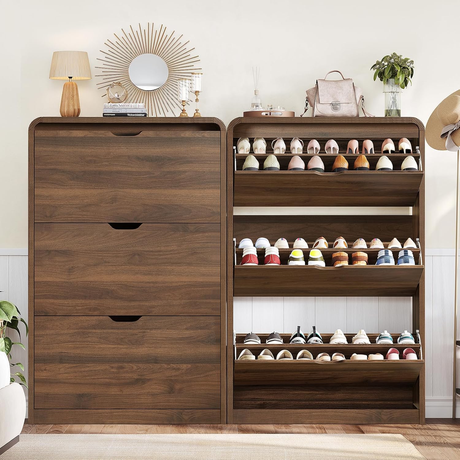 TEENFON Shoe Cabinet with 3 Flip Drawers & Adjustable Shelves, Narrow Freestanding Shoe Storage Cabinet for 18-27 Pairs, Hidden Slim Shoe Rack Cabinet for Entryway, Walnut