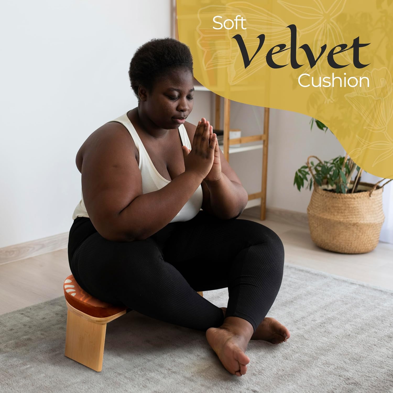 Zaveur Bamboo Meditation Bench with Cushion - Foldable Bench for Multiple Seating Angles - Kneeling Chair Meditation Stool - Yoga Chair Prayer Bench for Deeper and Longer Meditation - Brown