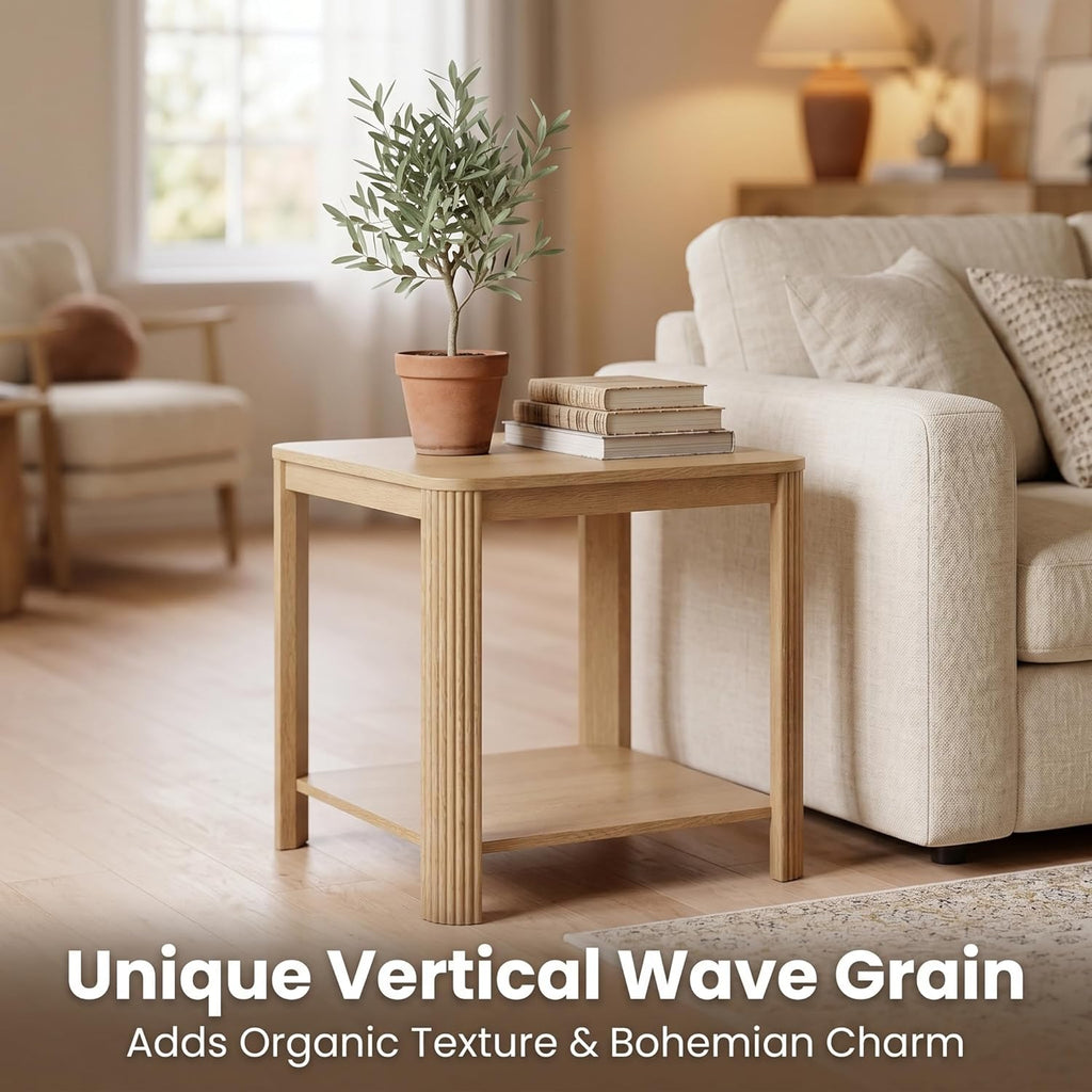 2-Tier Boho Side Table, 22.1'' Square Rounded Corner End Table with Vertical Wave Grain Legs, Oak Nightstand for Living Room Bedroom Home Office Small Spaces
