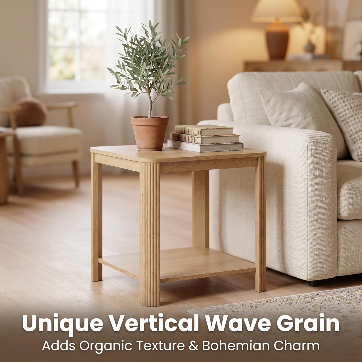 2-Tier Boho Side Table, 22.1'' Square Rounded Corner End Table with Vertical Wave Grain Legs, Oak Nightstand for Living Room Bedroom Home Office Small Spaces
