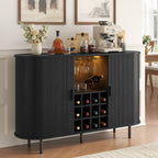 55 Inch Fluted Wine Bar Cabinet, Liquor Cabinet with LED Light, Coffee Bar Cabinets with Storage, Mid-Century Modern Sideboard Cabinet with Charge Station Wine Racks for Kithcen (Black)