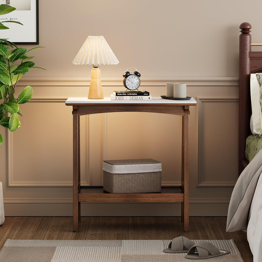 Narrow Side Table with Storage Shelf, Reddish Brown Walnut, 23.54 x 11.75 x 23.66 Inches, MDF with Marble Slate Top, Modern Vintage Style End Table for Small Spaces