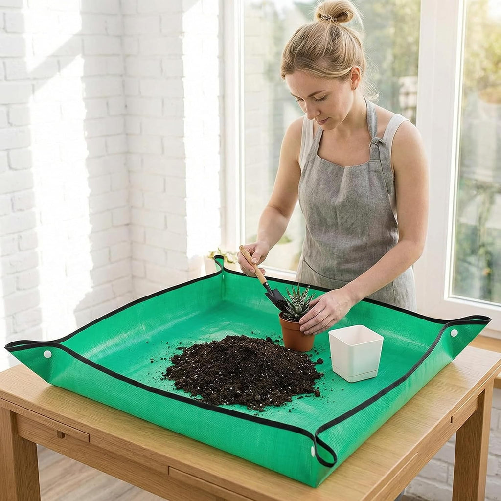 Repotting Mat for Indoor Plant Transplanting, Waterproof Potting Mat for Succulents, Square Planting Tray for Soil Change, Mess Control Gardening Mat, 26” x 26”