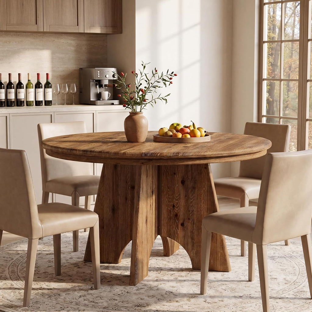 47" Solid Wood Round Dining Table for 4-6 People, Farmhouse Kitchen Table for Dining Room, Kitchen, Living Room, Rustic Brown